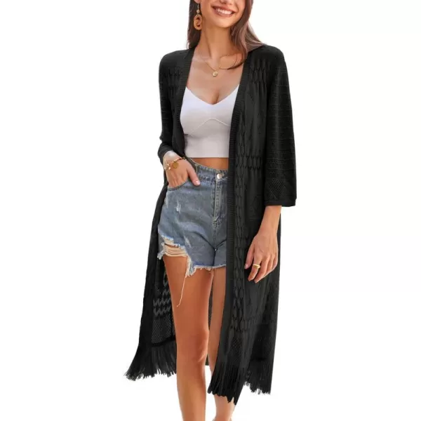 GRACE KARIN Womens Knit Cardigan Crochet Hollow Out Tassel Boho Kimonos Cardigan 2024 Open Front Outwear with Fringe HemBlack