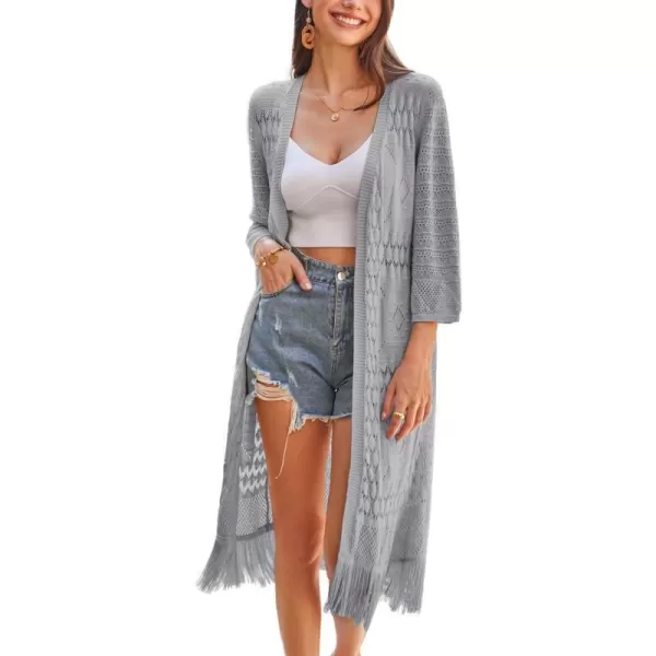 GRACE KARIN Womens Knit Cardigan Crochet Hollow Out Tassel Boho Kimonos Cardigan 2024 Open Front Outwear with Fringe HemGray