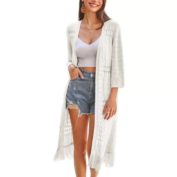 GRACE KARIN Womens Knit Cardigan Crochet Hollow Out Tassel Boho Kimonos Cardigan 2024 Open Front Outwear with Fringe HemIvory White