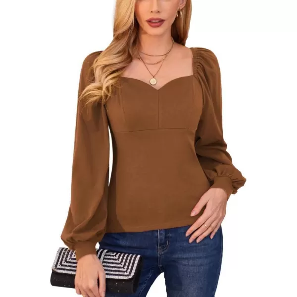 GRACE KARIN Womens Lantern Long Sleeve Blouse Retro Slim Fit Sweetheart Neckline Shirt Tops VintageBrown