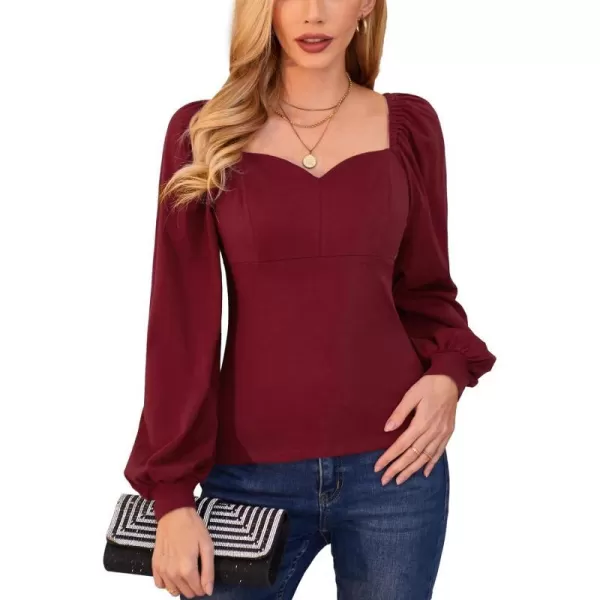 GRACE KARIN Womens Lantern Long Sleeve Blouse Retro Slim Fit Sweetheart Neckline Shirt Tops VintageWine Red