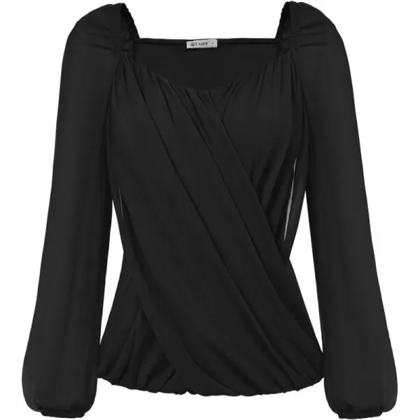 GRACE KARIN Womens Lantern Long Sleeve Tops 2023 Casual Loose Chiffon Shirts Criss Cross Ruffle Pleated BlousesBlack