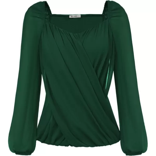 GRACE KARIN Womens Lantern Long Sleeve Tops 2023 Casual Loose Chiffon Shirts Criss Cross Ruffle Pleated BlousesDark Green