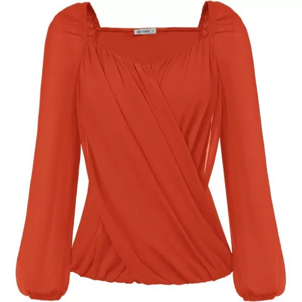 GRACE KARIN Womens Lantern Long Sleeve Tops 2023 Casual Loose Chiffon Shirts Criss Cross Ruffle Pleated BlousesOrange