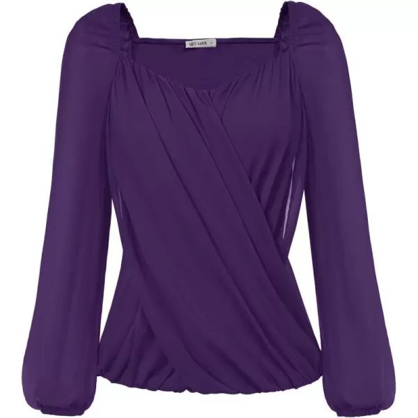 GRACE KARIN Womens Lantern Long Sleeve Tops 2023 Casual Loose Chiffon Shirts Criss Cross Ruffle Pleated BlousesPurple