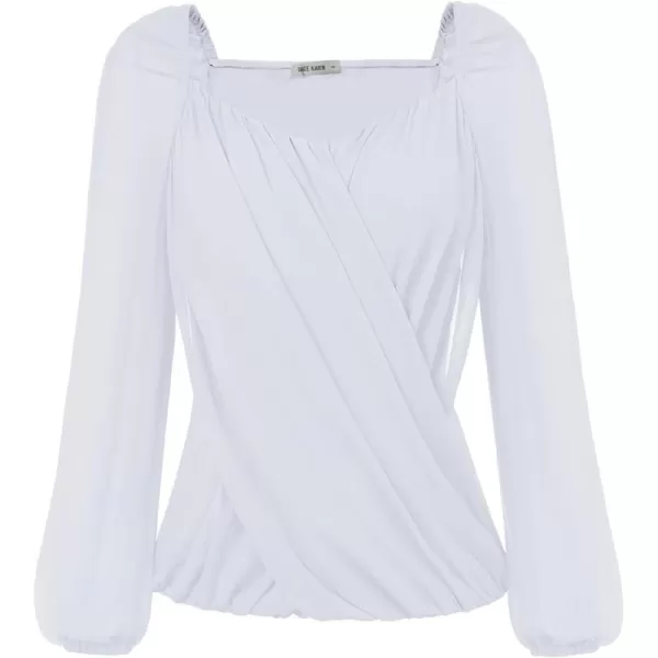 GRACE KARIN Womens Lantern Long Sleeve Tops 2023 Casual Loose Chiffon Shirts Criss Cross Ruffle Pleated BlousesRaw White