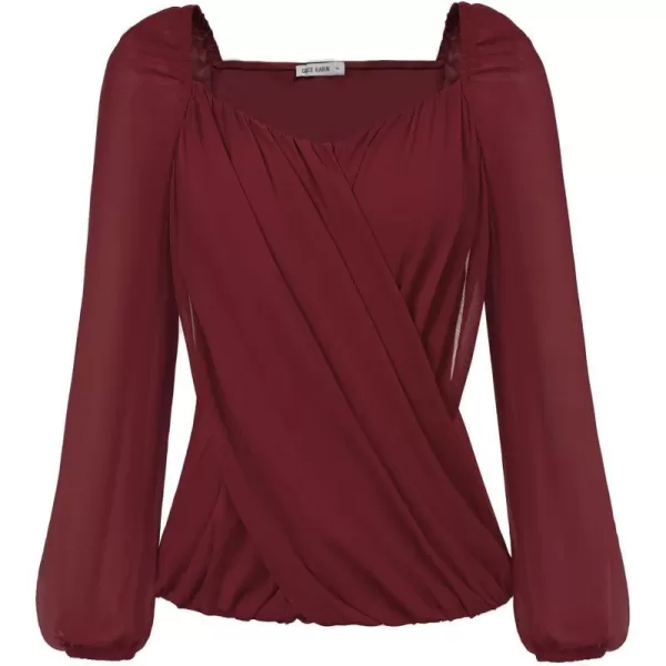 GRACE KARIN Womens Lantern Long Sleeve Tops 2023 Casual Loose Chiffon Shirts Criss Cross Ruffle Pleated BlousesWine Red