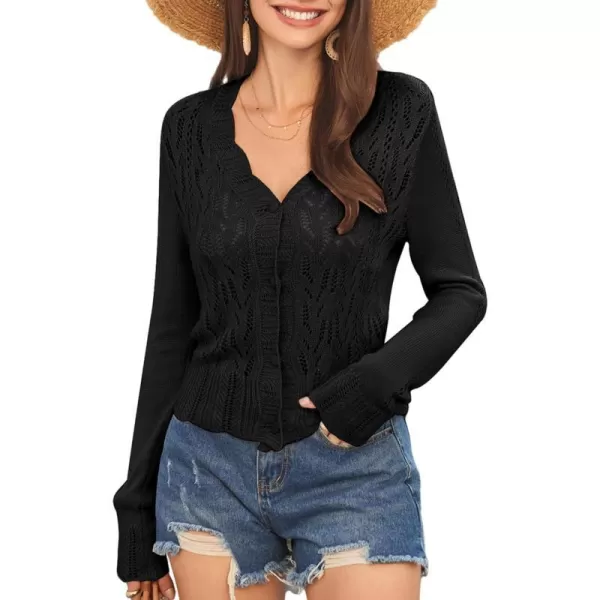 GRACE KARIN Womens Lightweight Cropped Crochet Cardigan Sweaters Summer Long Sleeve Hollow Out Knit V Neck Bolero ShrugBlack