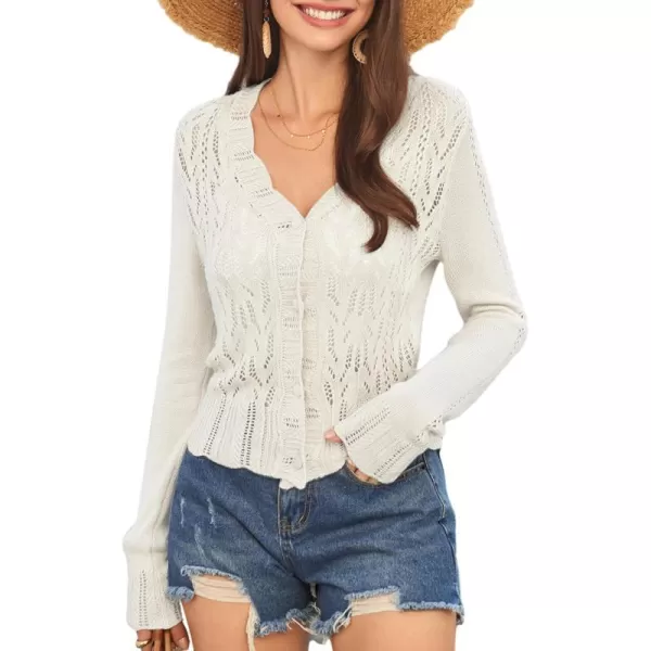 GRACE KARIN Womens Lightweight Cropped Crochet Cardigan Sweaters Summer Long Sleeve Hollow Out Knit V Neck Bolero ShrugIvory White