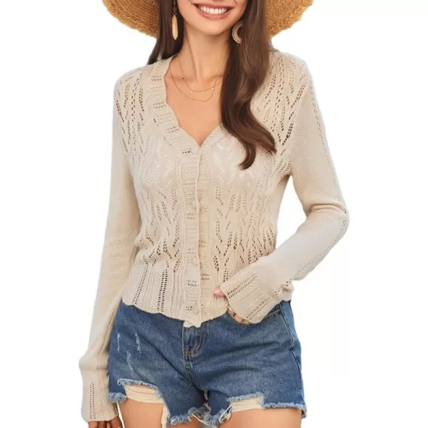 GRACE KARIN Womens Lightweight Cropped Crochet Cardigan Sweaters Summer Long Sleeve Hollow Out Knit V Neck Bolero ShrugKhaki