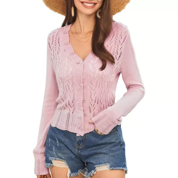 GRACE KARIN Womens Lightweight Cropped Crochet Cardigan Sweaters Summer Long Sleeve Hollow Out Knit V Neck Bolero ShrugLight Pink