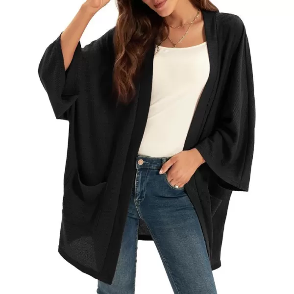 GRACE KARIN Womens Lightweight Oversized Cardigan Sweater Waffle Knit Long Batwing Sleeve Kimono with PocketsBlack