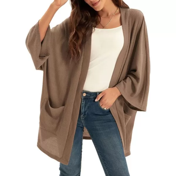 GRACE KARIN Womens Lightweight Oversized Cardigan Sweater Waffle Knit Long Batwing Sleeve Kimono with PocketsBrown