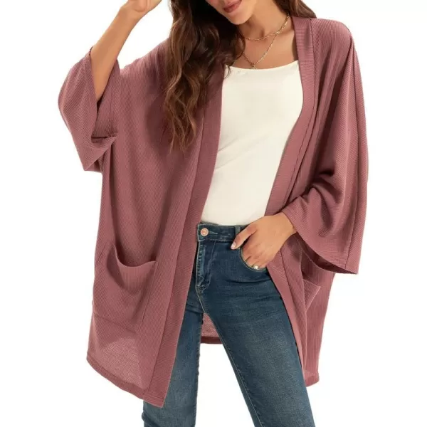 GRACE KARIN Womens Lightweight Oversized Cardigan Sweater Waffle Knit Long Batwing Sleeve Kimono with PocketsMauve Red