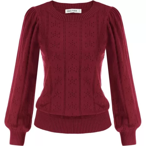 GRACE KARIN Womens Lightweight Thin Summer Pullover Sweater Cute Puff Short Sleeve Tops Pullover Shirt Knit BlouseCl0834 Wine Red Long Sleeve