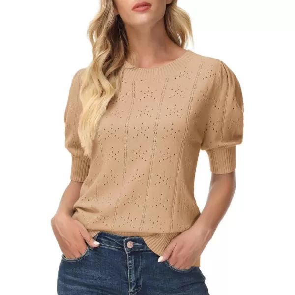 GRACE KARIN Womens Lightweight Thin Summer Pullover Sweater Cute Puff Short Sleeve Tops Pullover Shirt Knit BlouseKhaki