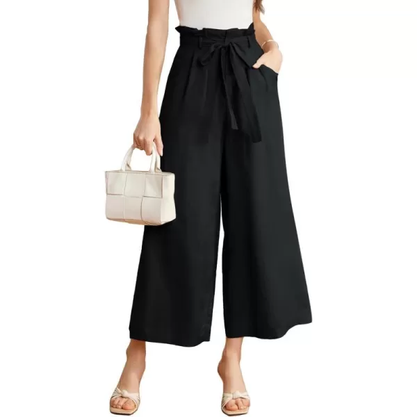 GRACE KARIN Womens Linen Pants Wide Leg High Waisted Lounge Palazzo Pant Adjustable Tie Knot Loose Trouser with PocketBlack