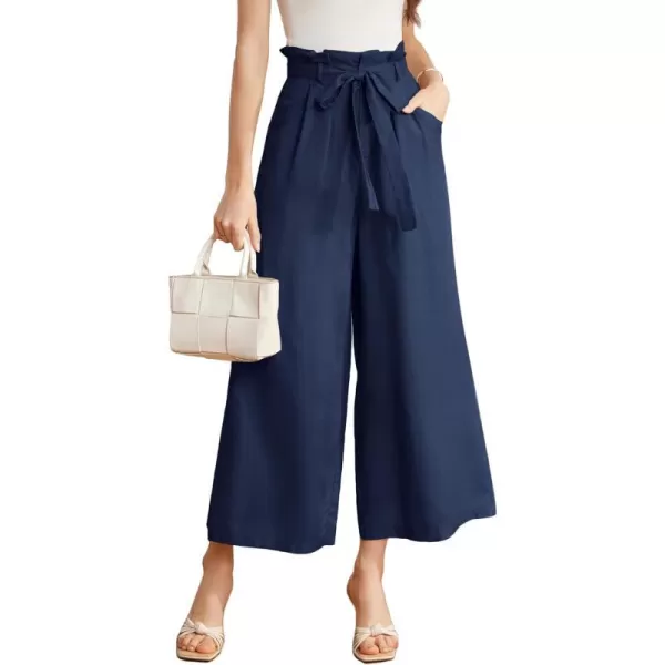 GRACE KARIN Womens Linen Pants Wide Leg High Waisted Lounge Palazzo Pant Adjustable Tie Knot Loose Trouser with PocketDark Blue