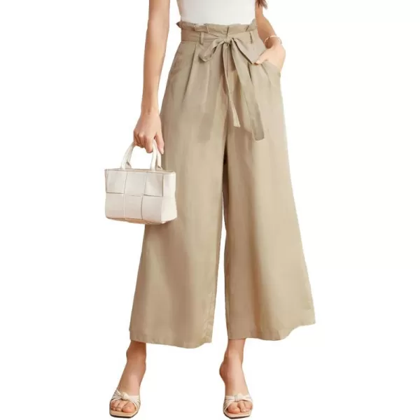 GRACE KARIN Womens Linen Pants Wide Leg High Waisted Lounge Palazzo Pant Adjustable Tie Knot Loose Trouser with PocketKhaki