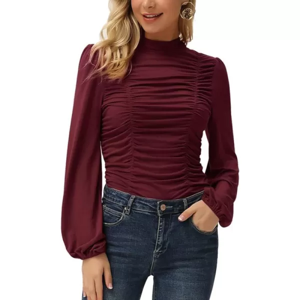 GRACE KARIN Womens Long Lantern Sleeve HighNeck Ruched Front Fitted BlouseWine Red