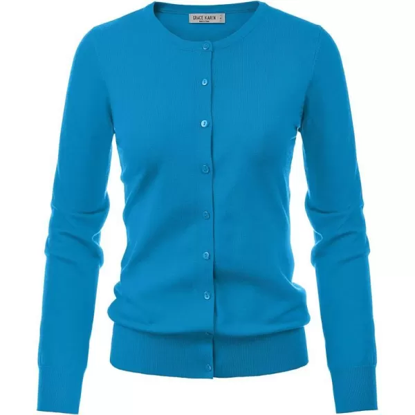 GRACE KARIN Womens Long Sleeve Button Down Crew Neck Classic Sweater Knit CardiganAcid Blue