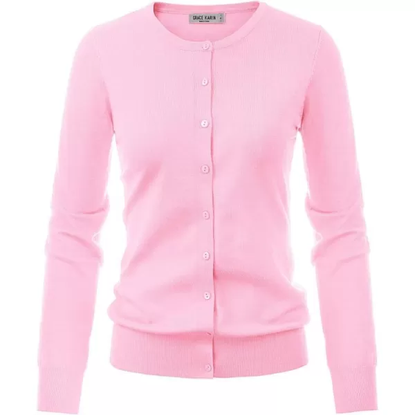 GRACE KARIN Womens Long Sleeve Button Down Crew Neck Classic Sweater Knit CardiganLight Pink