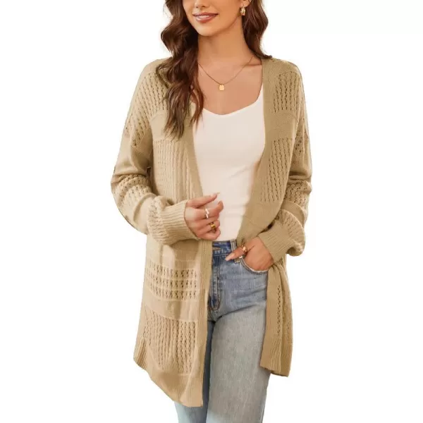 GRACE KARIN Womens Long Sleeve Cardigan VNeck Hollow Out Sweater Open Front Casual OutwearKhaki