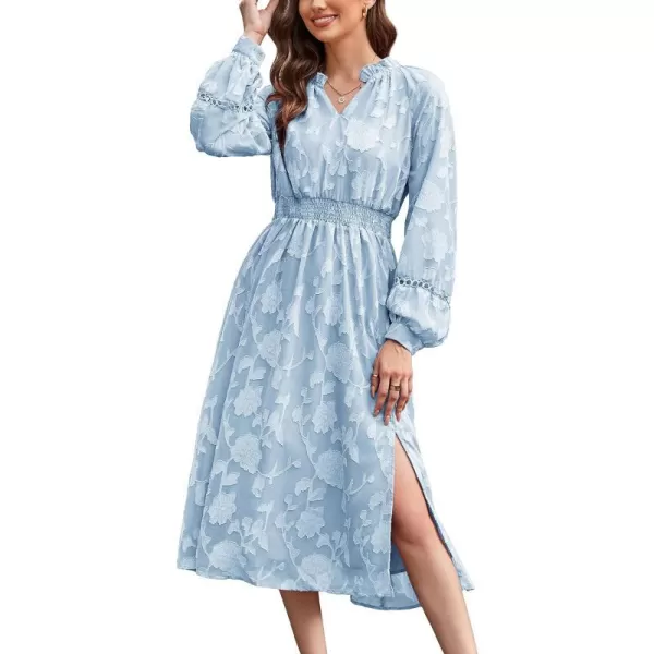 GRACE KARIN Womens Long Sleeve Dress Fall V Neck Side Slit A Line Casual Work Dresses Boho Floral DressGray Blue