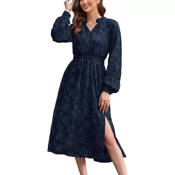 GRACE KARIN Womens Long Sleeve Dress Fall V Neck Side Slit A Line Casual Work Dresses Boho Floral DressNavy Blue