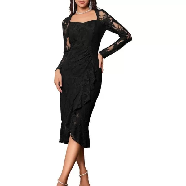 GRACE KARIN Womens Long Sleeve Lace Dresses for Wedding Guest Ruched Bodycon Mermaid Ruffle Slit Cocktail Midi DressBlack