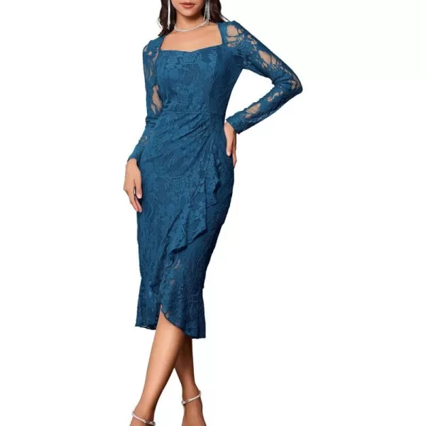 GRACE KARIN Womens Long Sleeve Lace Dresses for Wedding Guest Ruched Bodycon Mermaid Ruffle Slit Cocktail Midi DressPeacock Blue