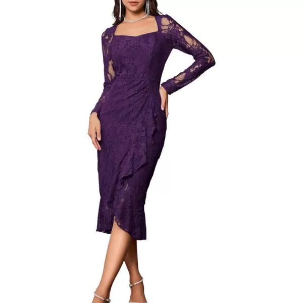 GRACE KARIN Womens Long Sleeve Lace Dresses for Wedding Guest Ruched Bodycon Mermaid Ruffle Slit Cocktail Midi DressPurple