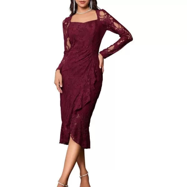 GRACE KARIN Womens Long Sleeve Lace Dresses for Wedding Guest Ruched Bodycon Mermaid Ruffle Slit Cocktail Midi DressWine Red