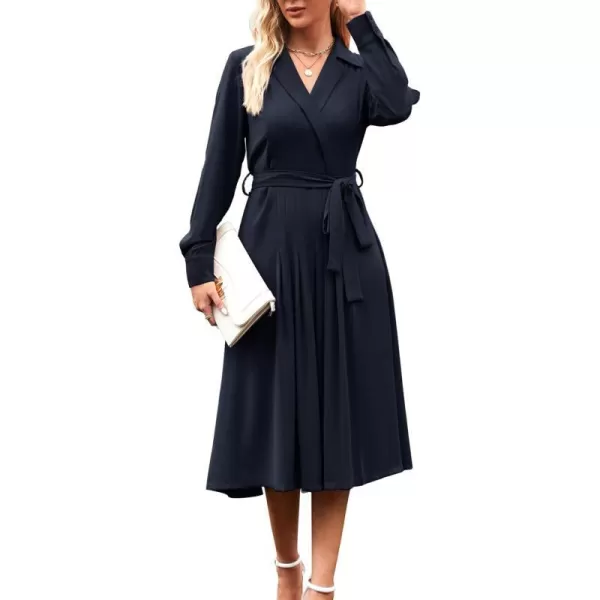 GRACE KARIN Womens Long Sleeve Pleated Dresses Wrap V Neck Flowy Business Casual Aline DressDark Blue