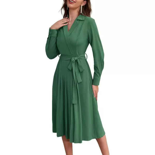 GRACE KARIN Womens Long Sleeve Pleated Dresses Wrap V Neck Flowy Business Casual Aline DressGreen