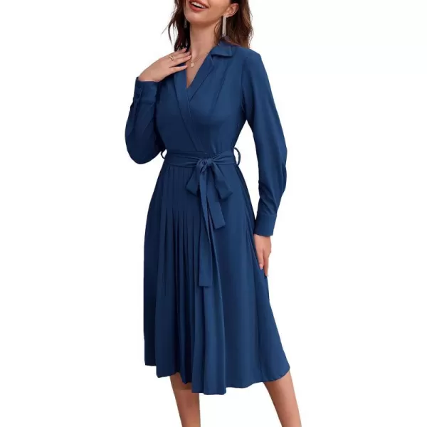 GRACE KARIN Womens Long Sleeve Pleated Dresses Wrap V Neck Flowy Business Casual Aline DressRoyal Blue