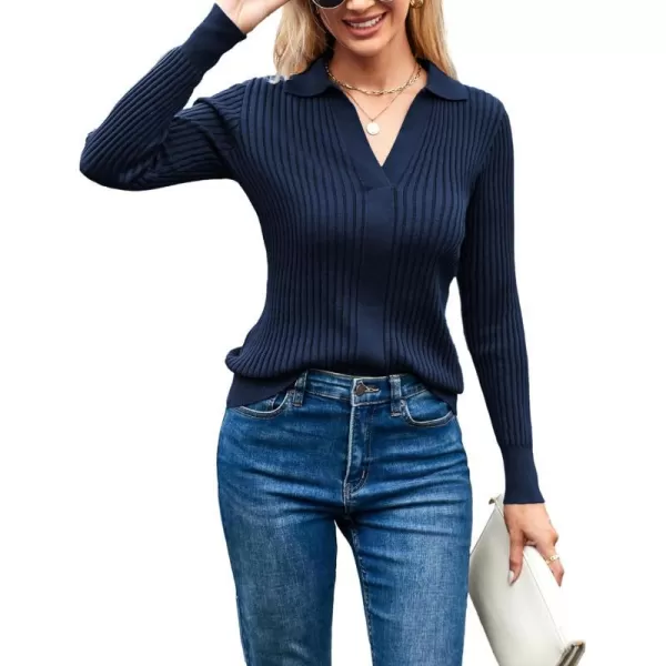 GRACE KARIN Womens Long Sleeve Pullover Sweaters VNeck Knitted Lightweight Sweater Casual Lapel Collar Hollowed Jumper TopsDark Blue