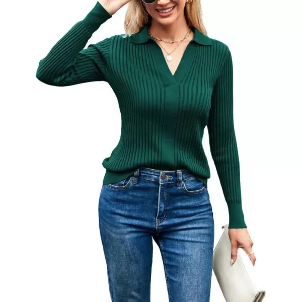 GRACE KARIN Womens Long Sleeve Pullover Sweaters VNeck Knitted Lightweight Sweater Casual Lapel Collar Hollowed Jumper TopsDark Green