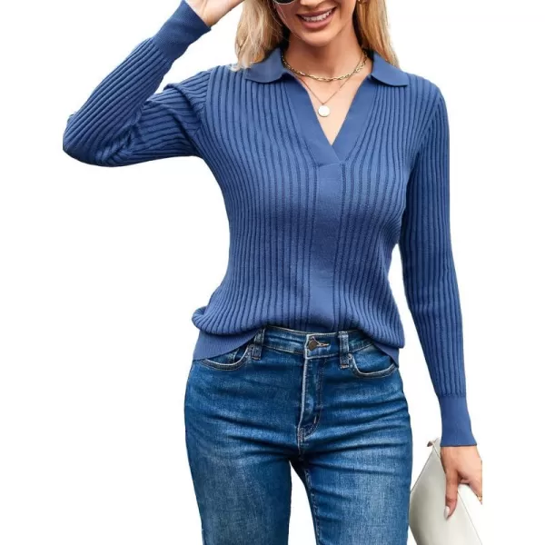 GRACE KARIN Womens Long Sleeve Pullover Sweaters VNeck Knitted Lightweight Sweater Casual Lapel Collar Hollowed Jumper TopsDenim Blue