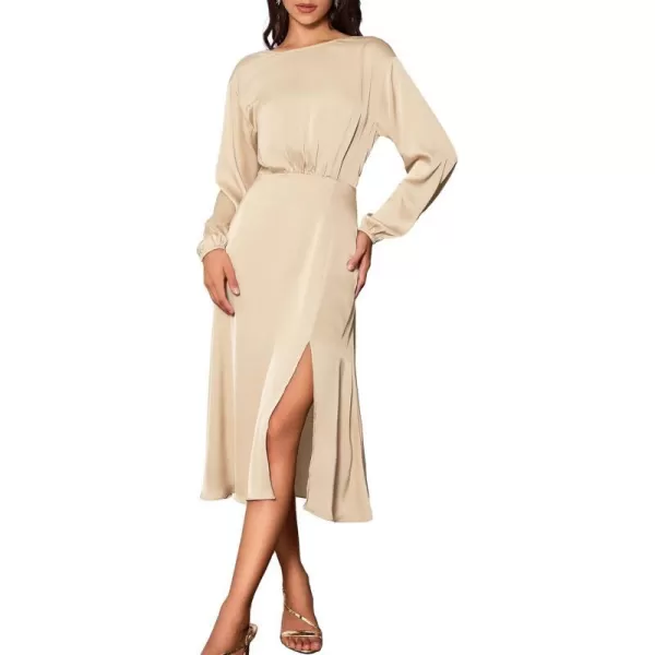 GRACE KARIN Womens Long Sleeve Satin Wedding Guest Dress with Slit Elegant Boat Neck High Waist ALine Midi DressApricot