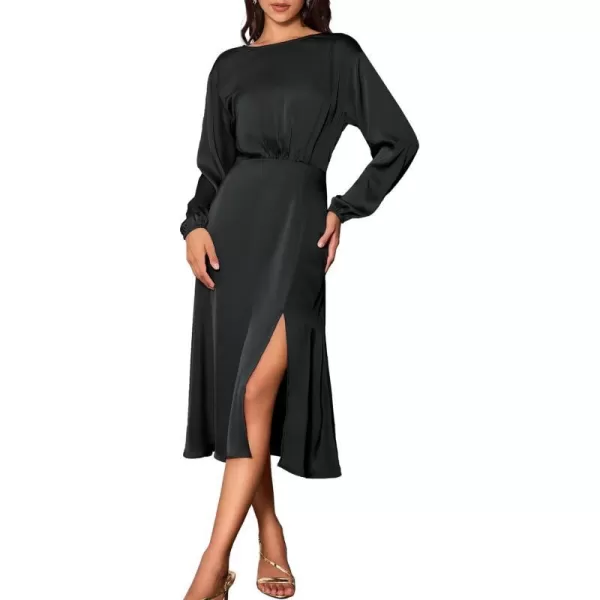 GRACE KARIN Womens Long Sleeve Satin Wedding Guest Dress with Slit Elegant Boat Neck High Waist ALine Midi DressBlack