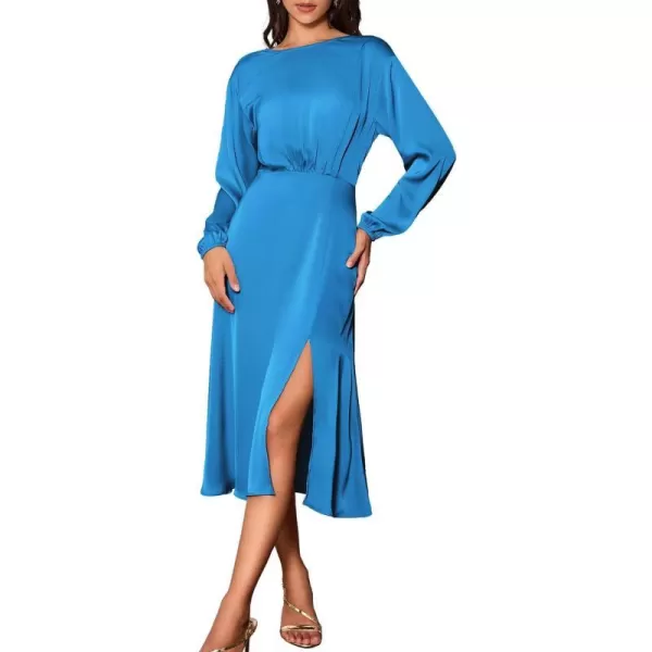 GRACE KARIN Womens Long Sleeve Satin Wedding Guest Dress with Slit Elegant Boat Neck High Waist ALine Midi DressBlue