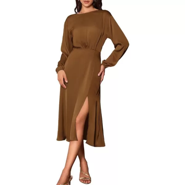 GRACE KARIN Womens Long Sleeve Satin Wedding Guest Dress with Slit Elegant Boat Neck High Waist ALine Midi DressBrown