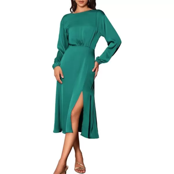 GRACE KARIN Womens Long Sleeve Satin Wedding Guest Dress with Slit Elegant Boat Neck High Waist ALine Midi DressGreen