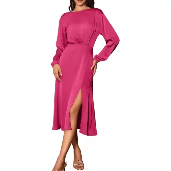 GRACE KARIN Womens Long Sleeve Satin Wedding Guest Dress with Slit Elegant Boat Neck High Waist ALine Midi DressHot Pink