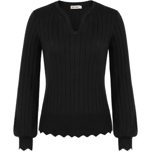 GRACE KARIN Womens Long Sleeve Scalloped Sweater HollowedOut Textured KnitwearLong Sleeveblack