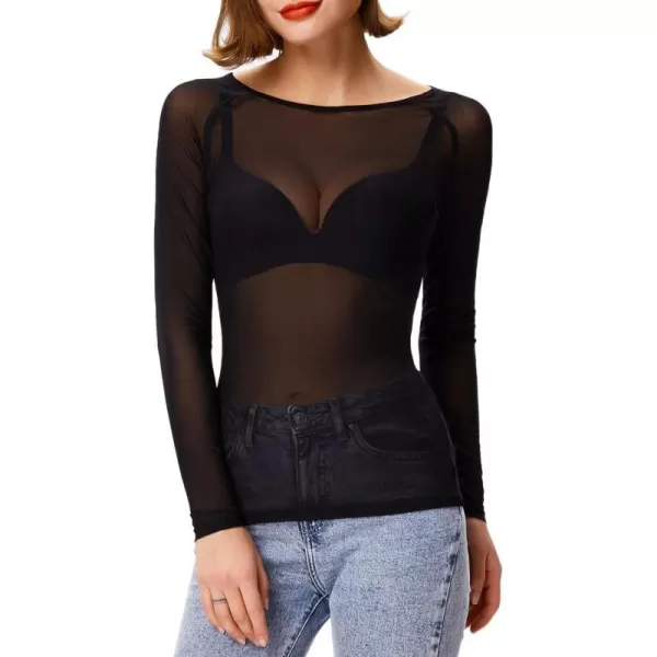 GRACE KARIN Womens Long Sleeve See Through Mesh Sheer Top Blouse ShirtBlack