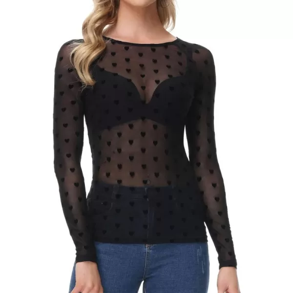 GRACE KARIN Womens Long Sleeve See Through Mesh Sheer Top Blouse ShirtBlack Heart