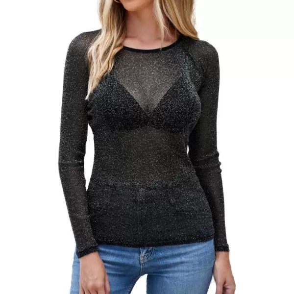 GRACE KARIN Womens Long Sleeve See Through Mesh Sheer Top Blouse ShirtBlack Shiny