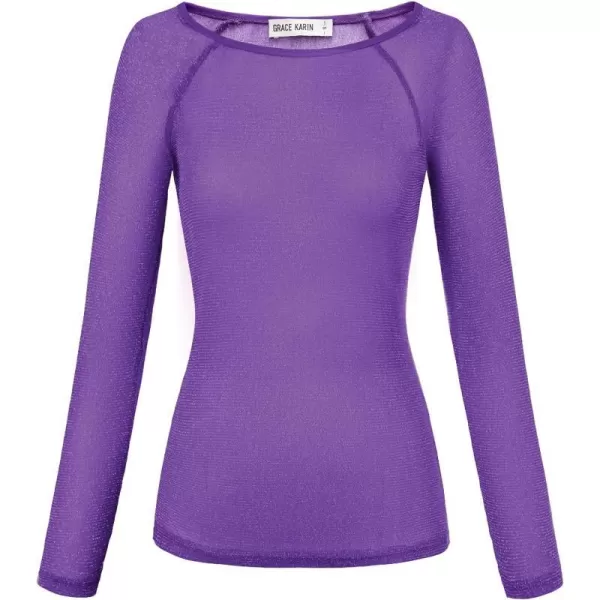 GRACE KARIN Womens Long Sleeve See Through Mesh Sheer Top Blouse ShirtPurple Shiny